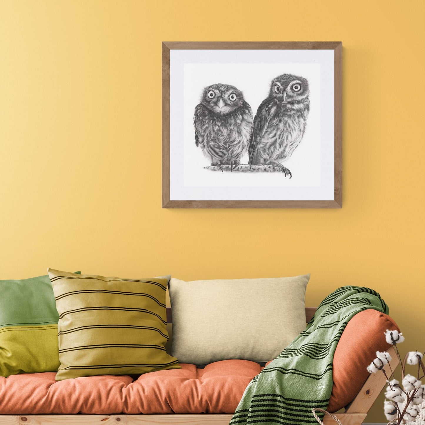 Owl art on yellow wall